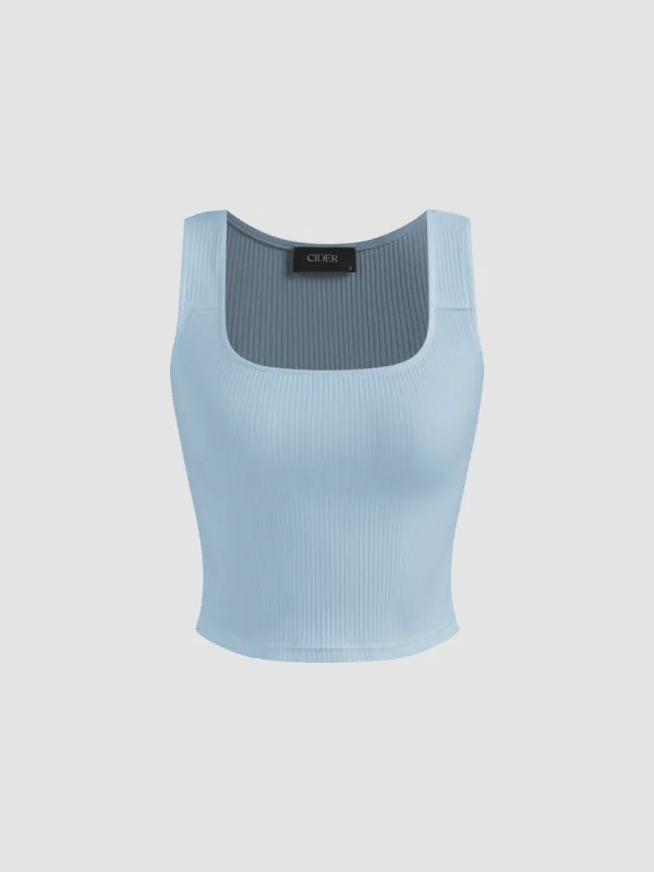 Cotton-blend Rib Square Neck Solid Tank Crop Top sold by Cider