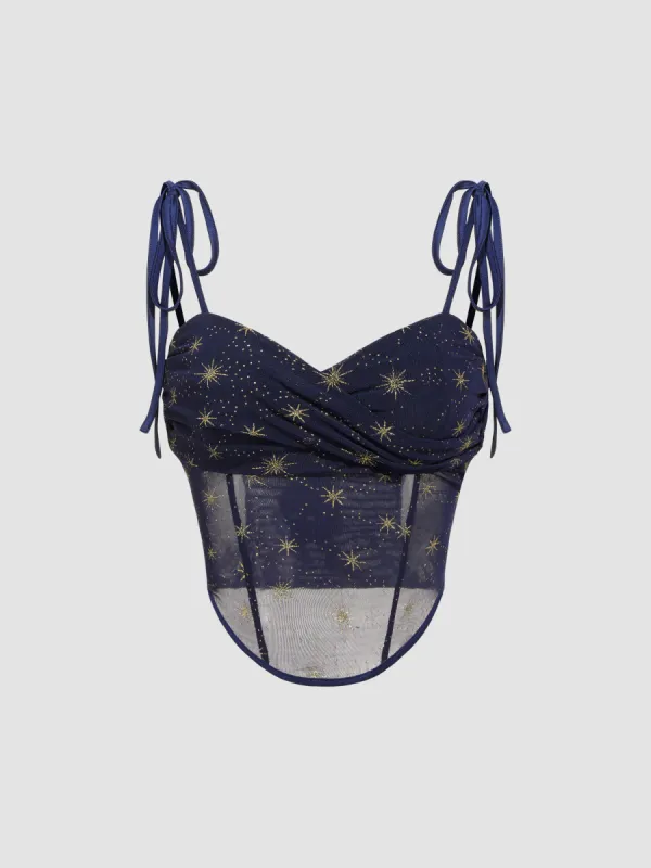 Mesh V-neck See-through Star Graphic Corset Knotted Crop Top sold by Cider