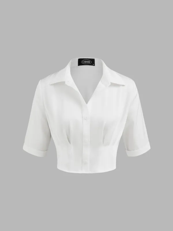 Satin Collar Solid Crop Short Sleeve Shirt sold by Cider
