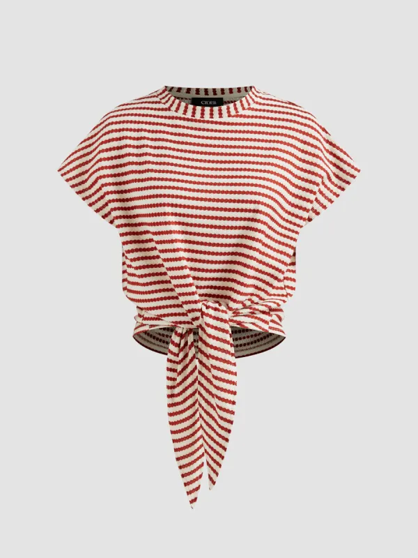 Round Neckline Striped Knotted Short Sleeve Tee sold by Cider