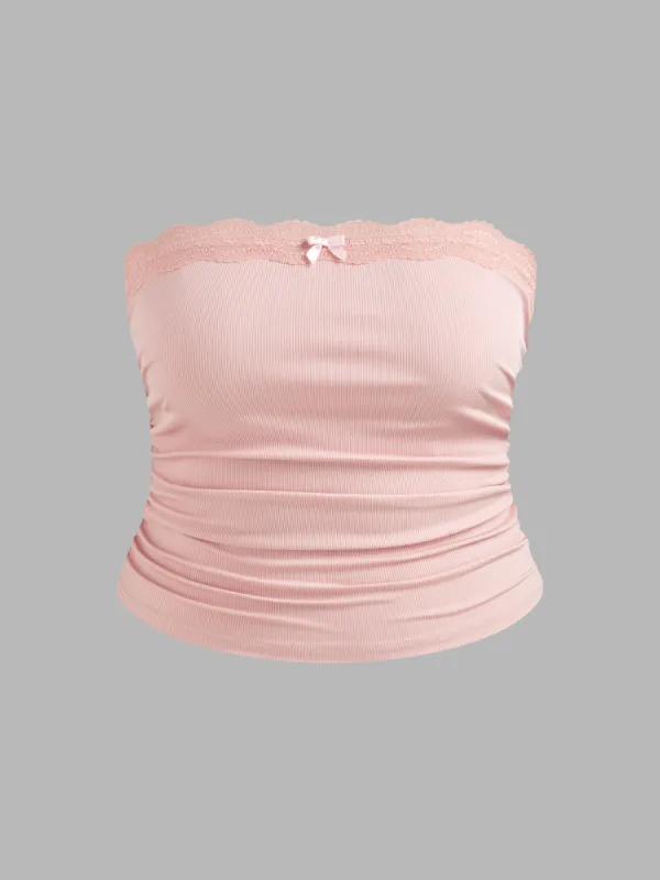 Lace Trim Bowknot Ruched Tube Top Curve & Plus sold by Cider