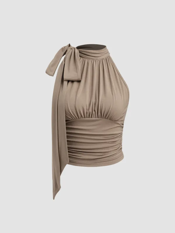 Stand Collar Solid Ruched Knotted Crop Top sold by Cider