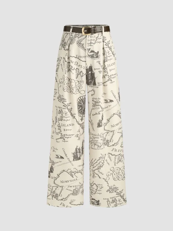 Mid Waist All Over Print Wide Leg Trousers With Belt sold by Cider