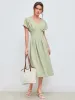 V-neck Solid Pleated Midi Dress sold by Cider