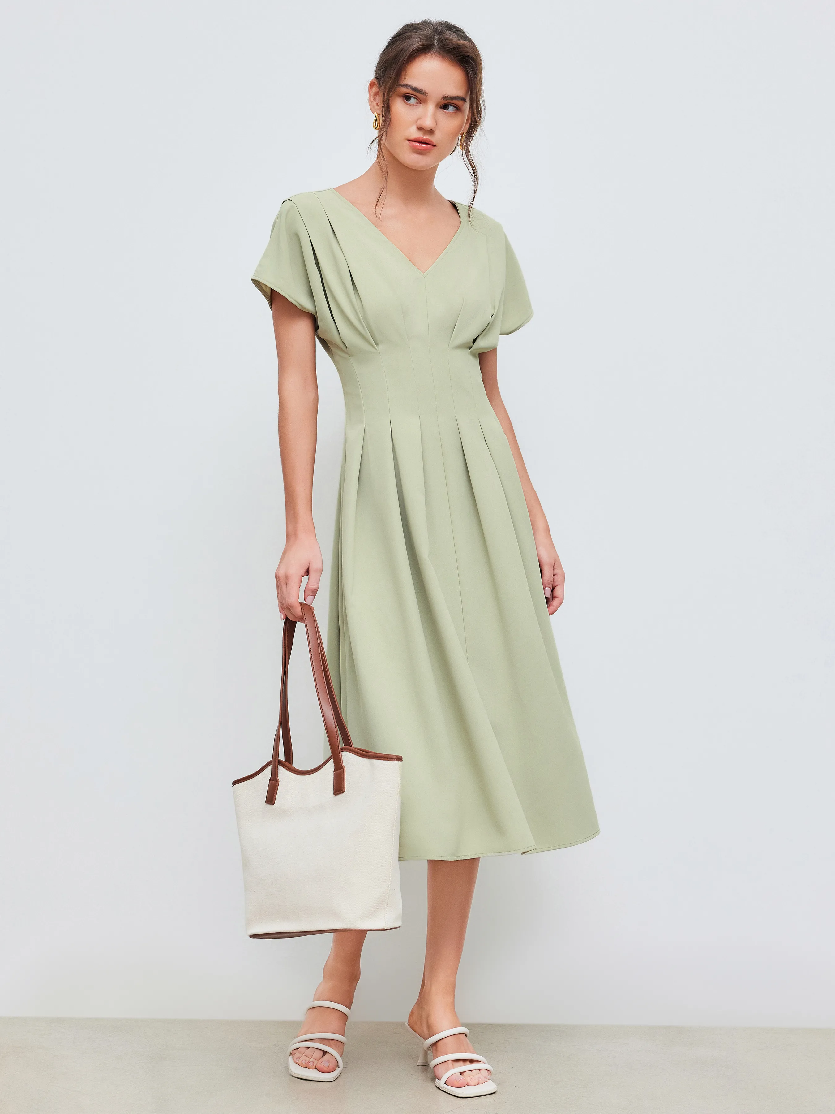 V-neck Solid Pleated Midi Dress sold by Cider
