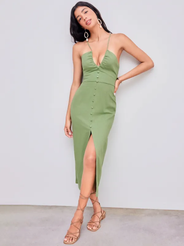 Linen-blend Halter Button Split Tie Back Midi Dress sold by Cider