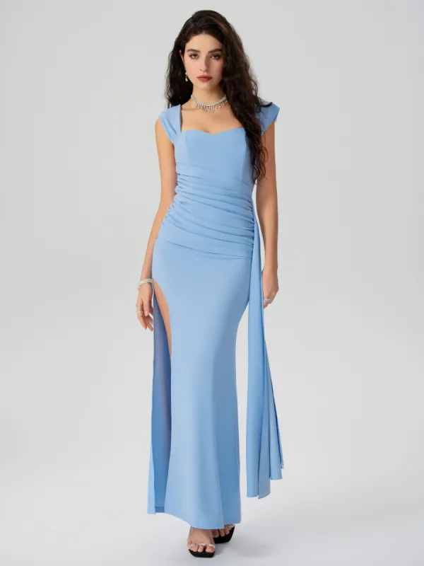 Satin Sweetheart Ruched Split Maxi Dress sold by Cider