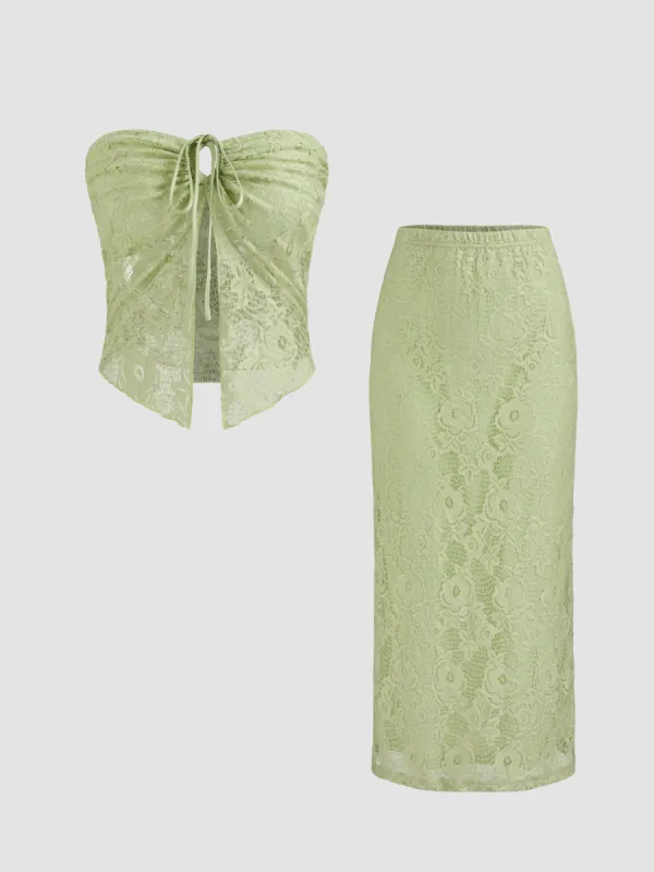 Lace O-ring Crop Tube Top With Lace Mid Rise Floral Maxi Skirt sold by Cider