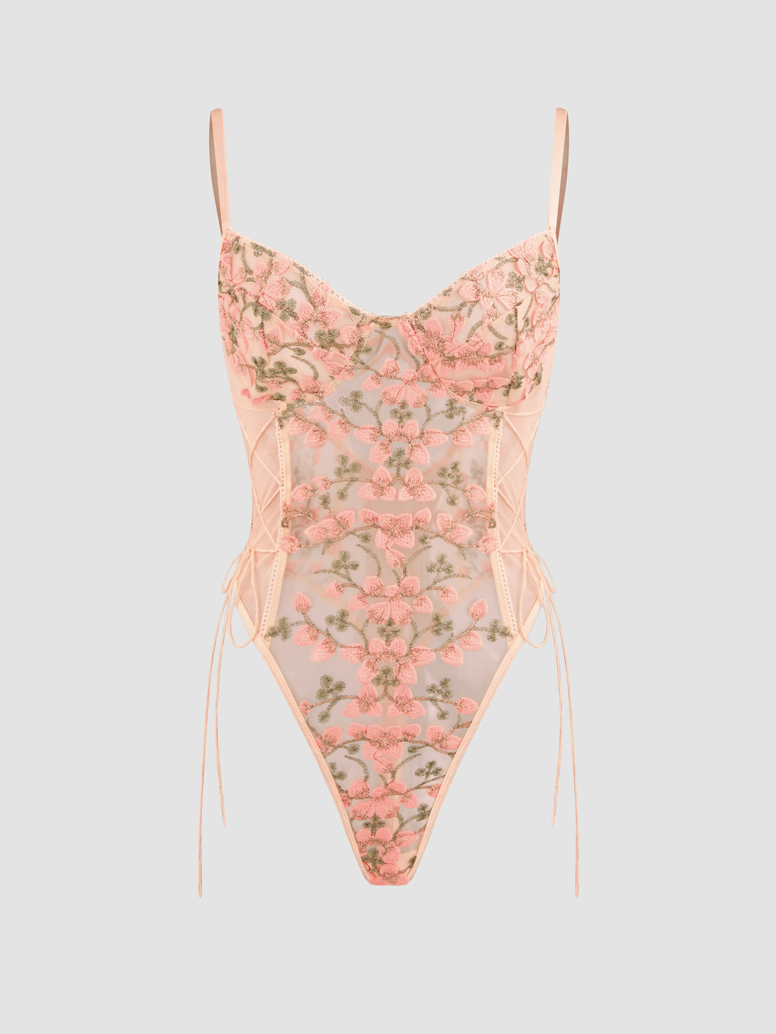 Mesh V-neck Floral Lace Up See-through Bodysuit sold by Cider