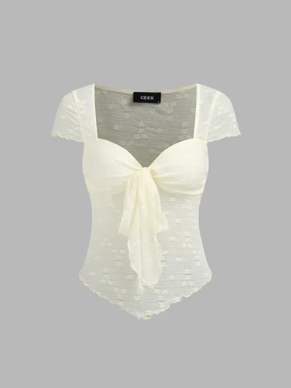 Lace Square Neck Floral Knotted Short Sleeve Top sold by Cider