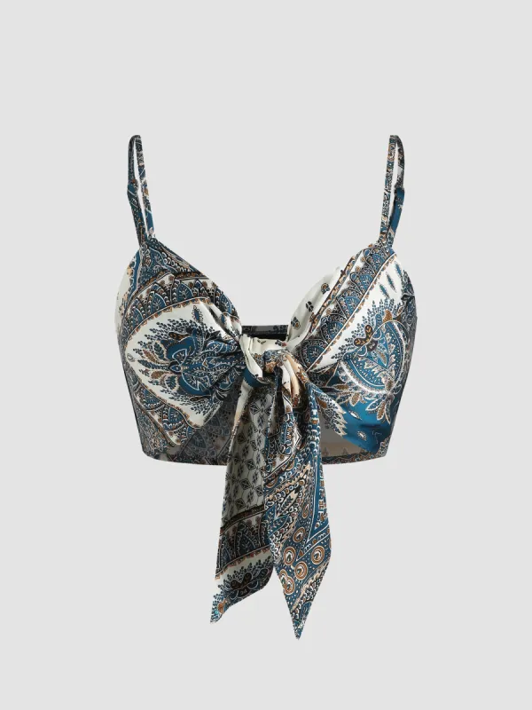 Boho Paisley Tie Front Crop Tank Top sold by Cider