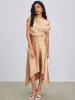 Asymmetrical Boat Neck Ruffle Maxi Dress sold by Cider