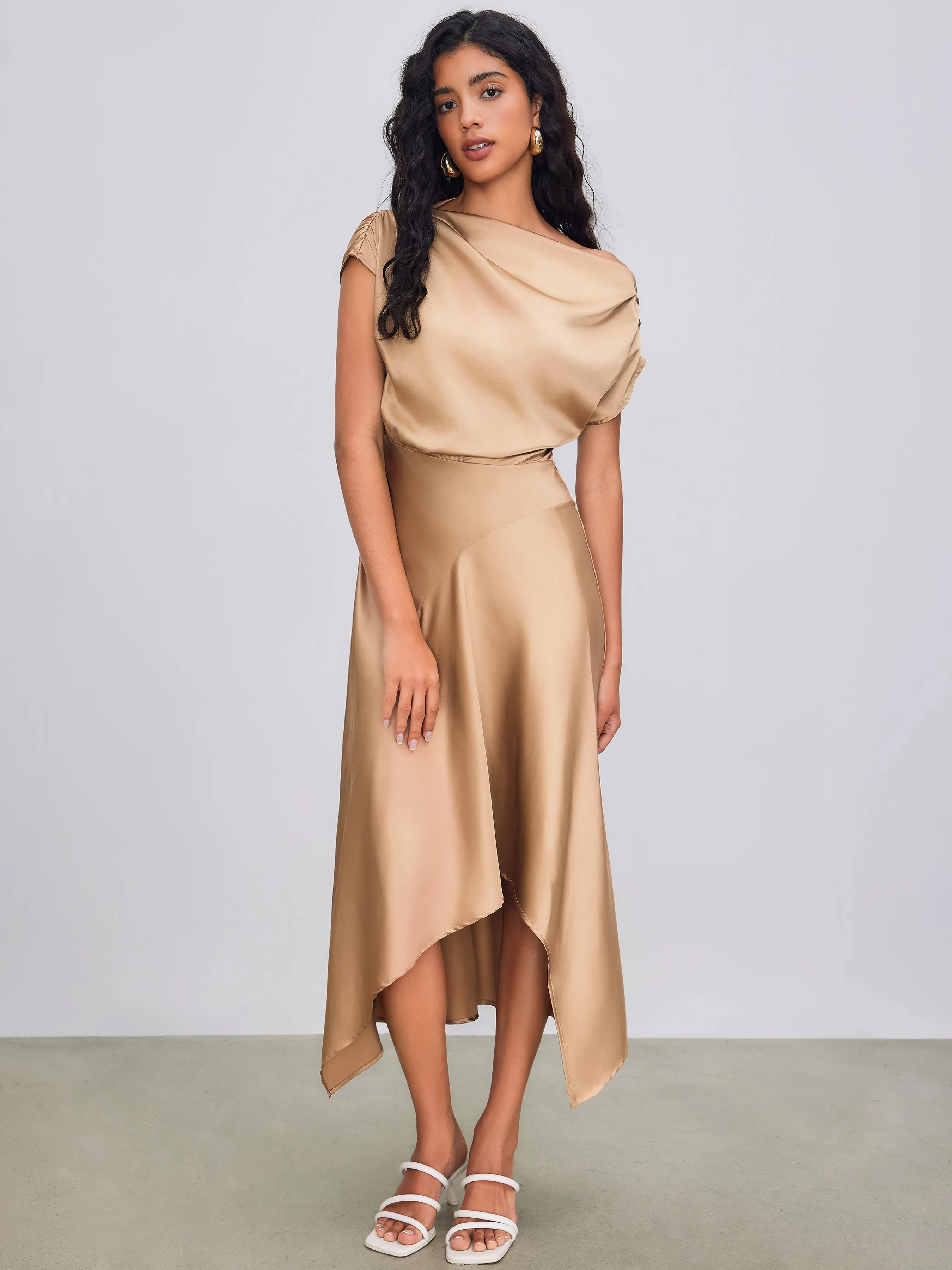 Asymmetrical Boat Neck Ruffle Maxi Dress