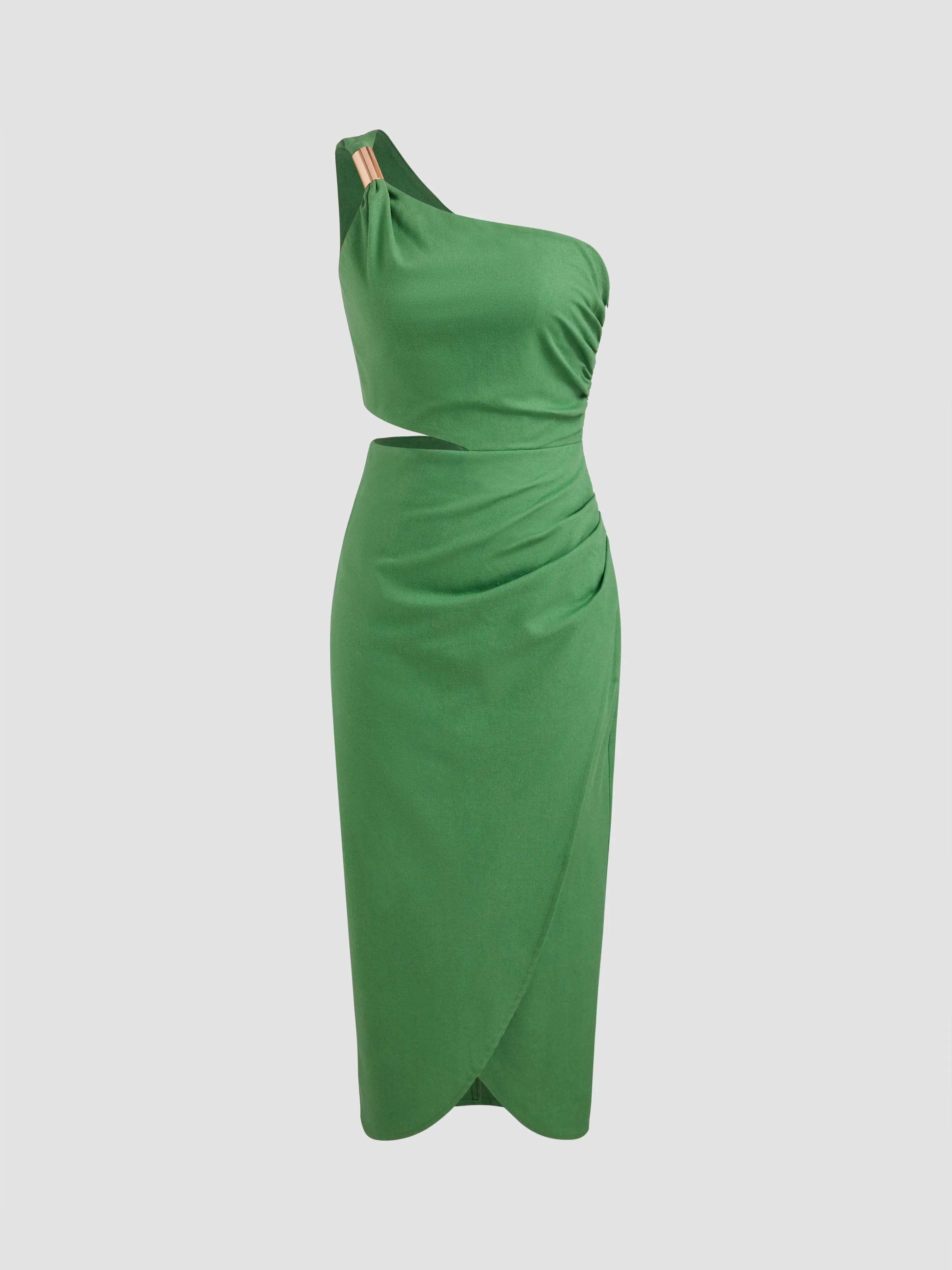 Linen-blend Asymmetrical Neck Solid Cut Out Ruched Midi Dress sold by Cider