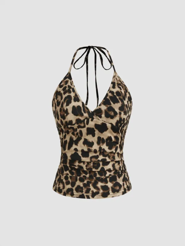 Halter Neckline Leopard Knotted Cami Top sold by Cider