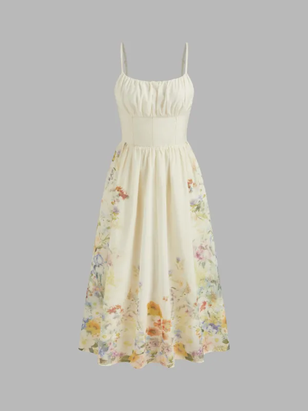 Square Neck Floral Shirred Midi Dress sold by Cider