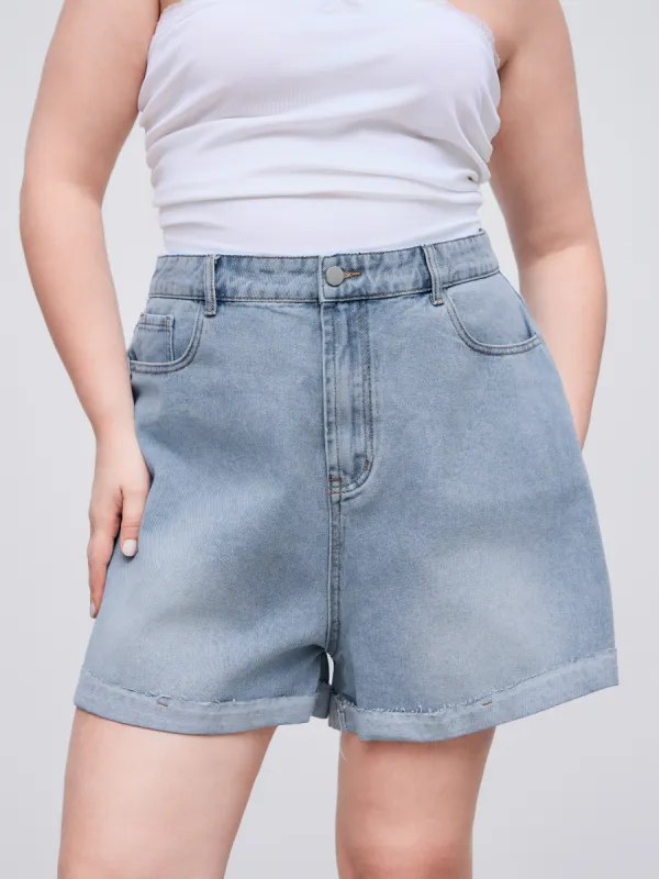 Denim Mid Rise Solid Pocket Roll Hem Shorts Curve & Plus sold by Cider