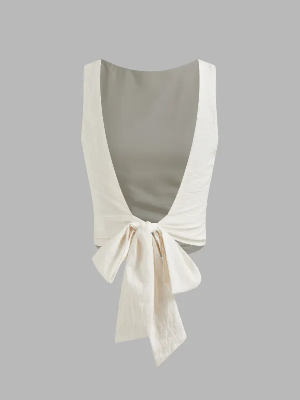 Linen-blend Boat Neck Solid Knotted Backless Tank Top  sold by Cider