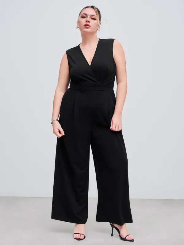 V-neck Wrap Zipper Wide Leg Jumpsuit Curve & Plus sold by Cider