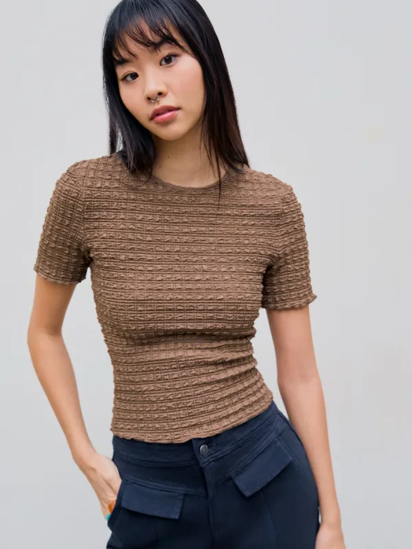 Round Neck Solid Shirred Short Sleeve Top sold by Cider