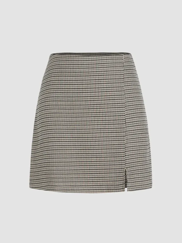 Houndstooth High Waist Split Mini Skirt sold by Cider