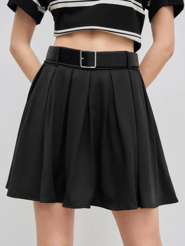Solid Pleated Mini Skirt With Belt sold by Cider