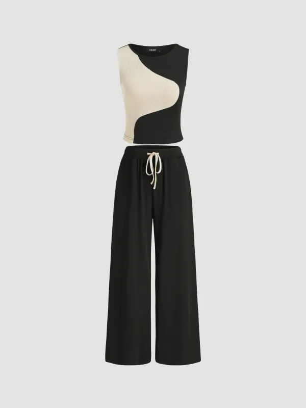Round Neck Contrasting Crop Tank Top & Solid Elastic Waist Drawstring Trousers  sold by Cider