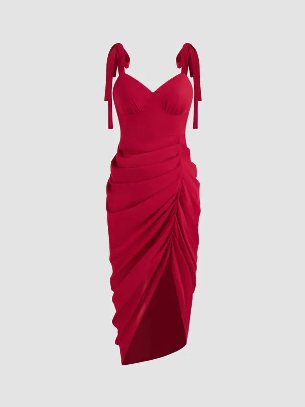Chiffon V-neck Solid Knotted Ruched Zipper Midi Dress sold by Cider
