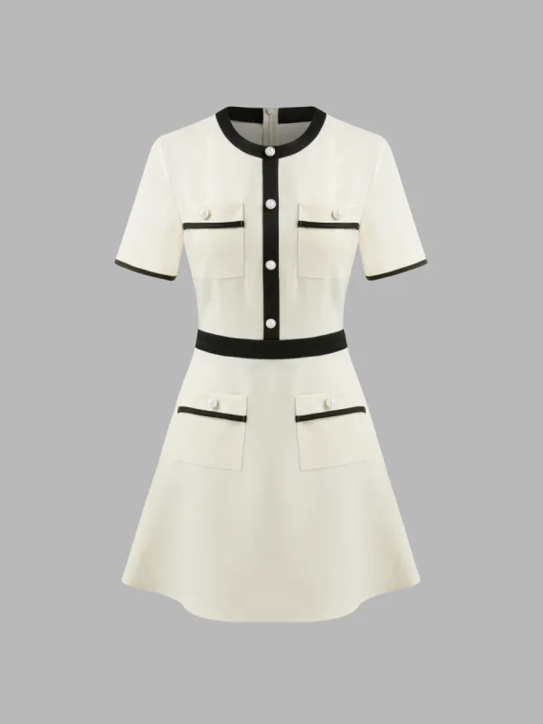 Tweed Round Neckline Contrasting Binding Pearl Button Mini Dress sold by Cider