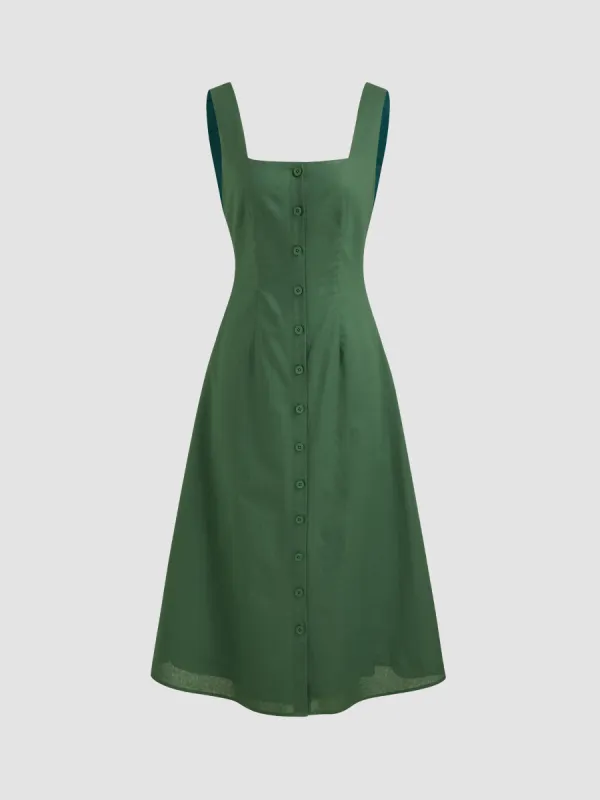 Cotton Linen Square Neck Solid Button Midi Dress sold by Cider