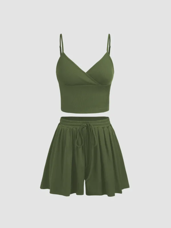 Knit V-neck Crop Top & Knotted Shorts Set sold by Cider