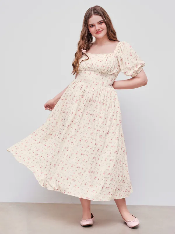 Square Neck Floral Lace Up Midi Dress Curve & Plus sold by Cider