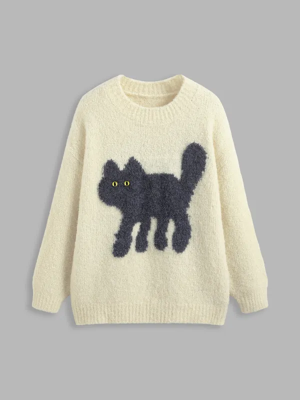 Wool-blend Round Neckline Cat Knitted Long Sleeve Sweater sold by Cider