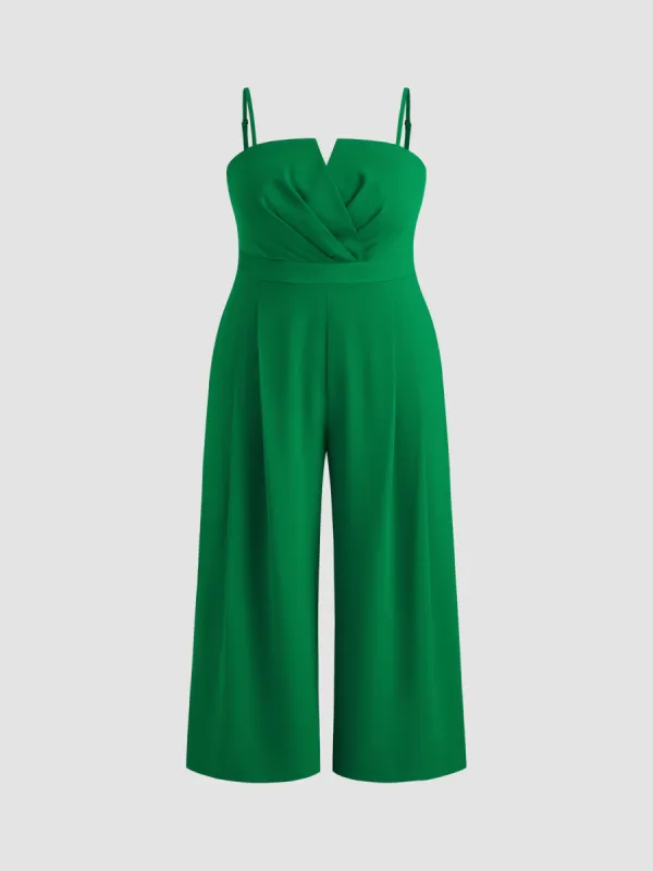Woven Solid Shirred Pleated Pocket Straight Leg Jumpsuit Curve & Plus sold by Cider