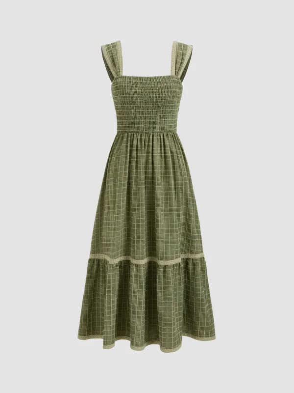 Square Neck Shirred Gingham Maxi Dress sold by Cider