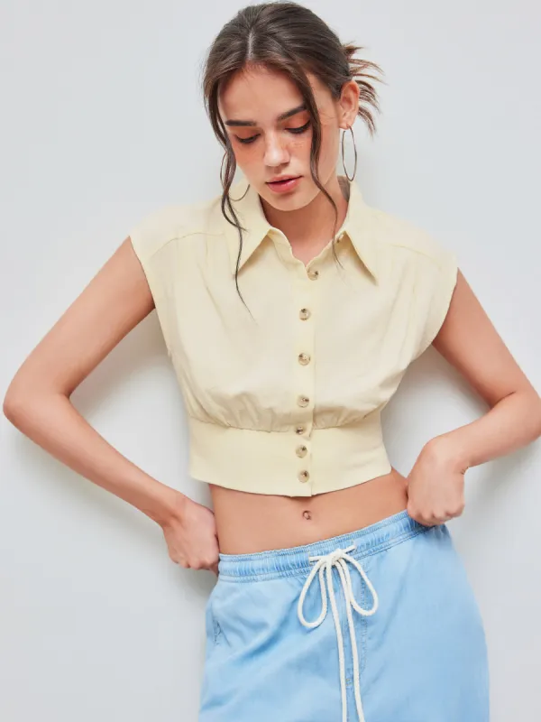 Shirred Collar Button Up Top sold by Cider