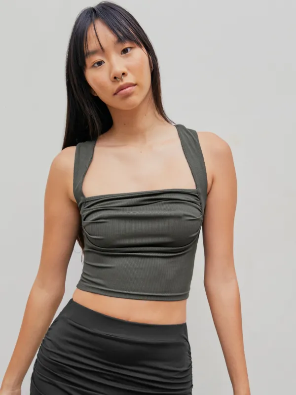 Solid Ruched Square Neck Crop Top sold by Cider