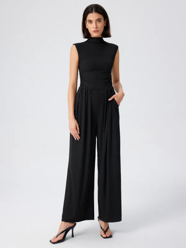 Round Neckline Solid Pleated Jumpsuit made by Cider