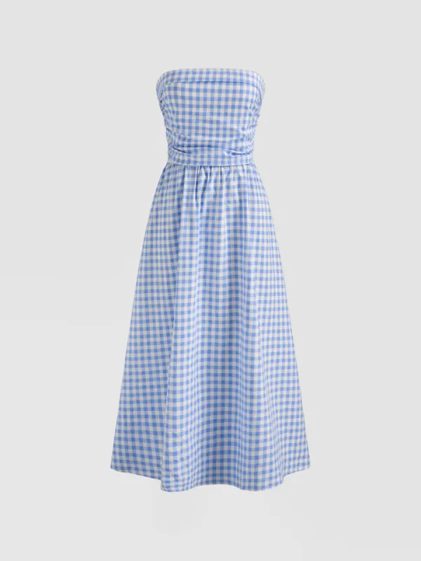 Tube Gingham Ruffle Shirred Zipper Midi Dress sold by Cider