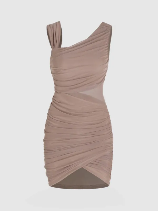 Solid Mesh Asymmetrical Neck Dress sold by Cider