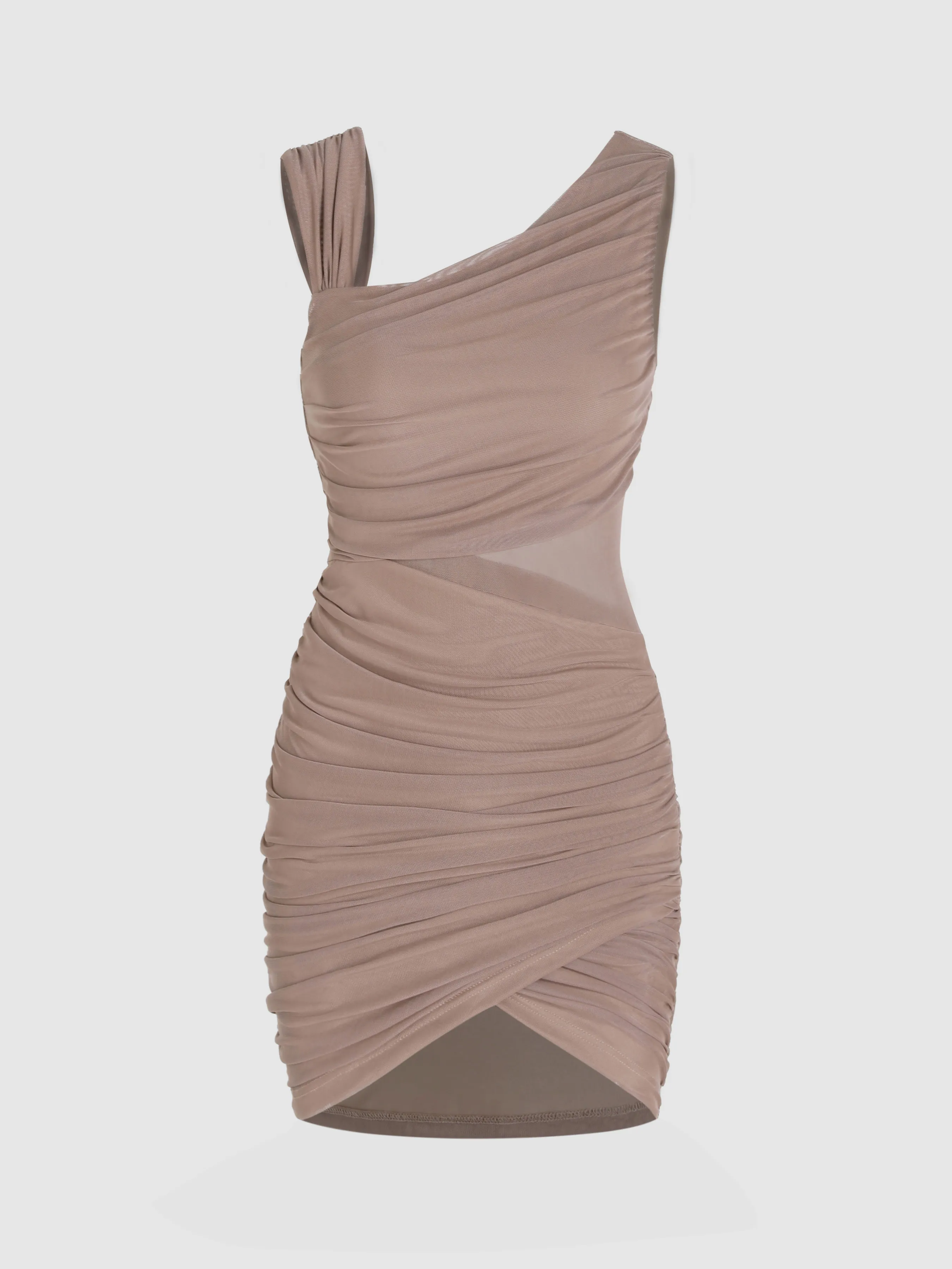 Solid Mesh Asymmetrical Neck Dress