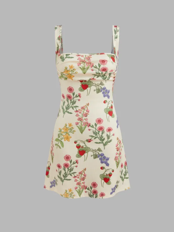 Square Neck Floral & Fruit Graphic Mini Dress sold by Cider