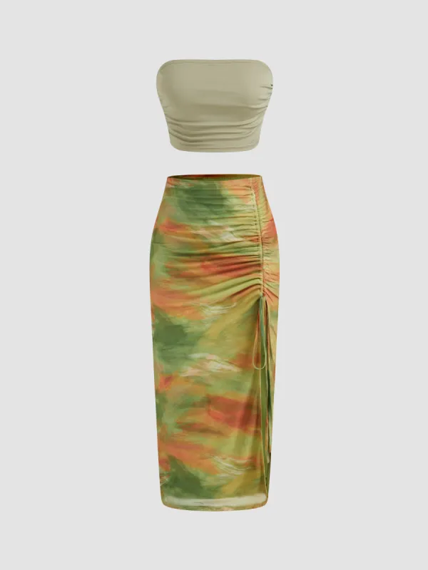 Solid Ruched Crop Tube Top With Mid Rise Abstract Drawstring Maxi Skirt sold by Cider