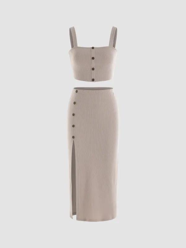 Solid Rib Crop Tank Top & Slit Skirt Set sold by Cider