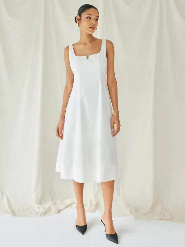 Linen-blend Square Neck Solid Shirred Midi Dress sold by Cider