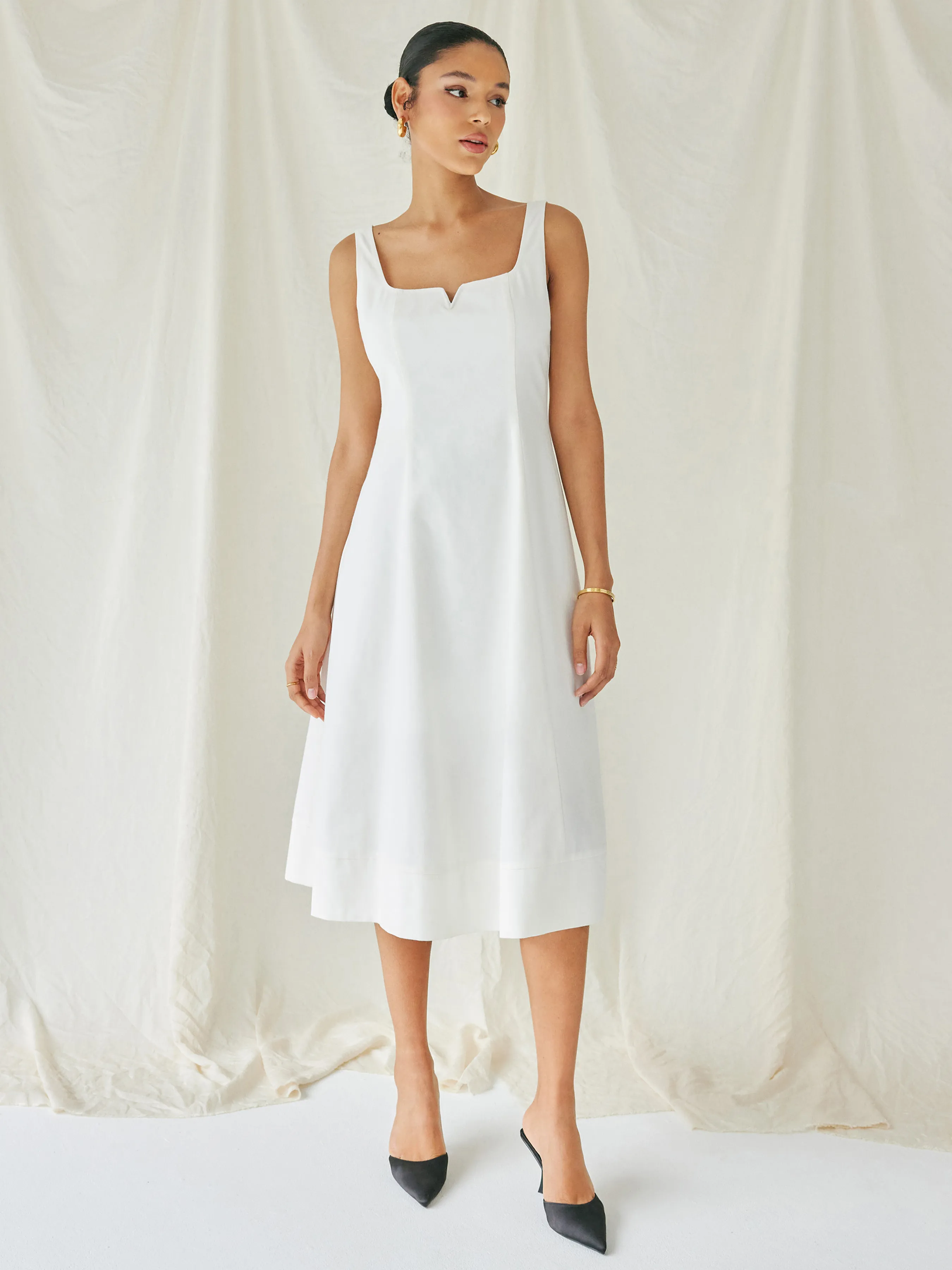 Linen-blend Square Neck Solid Shirred Midi Dress | Parallel