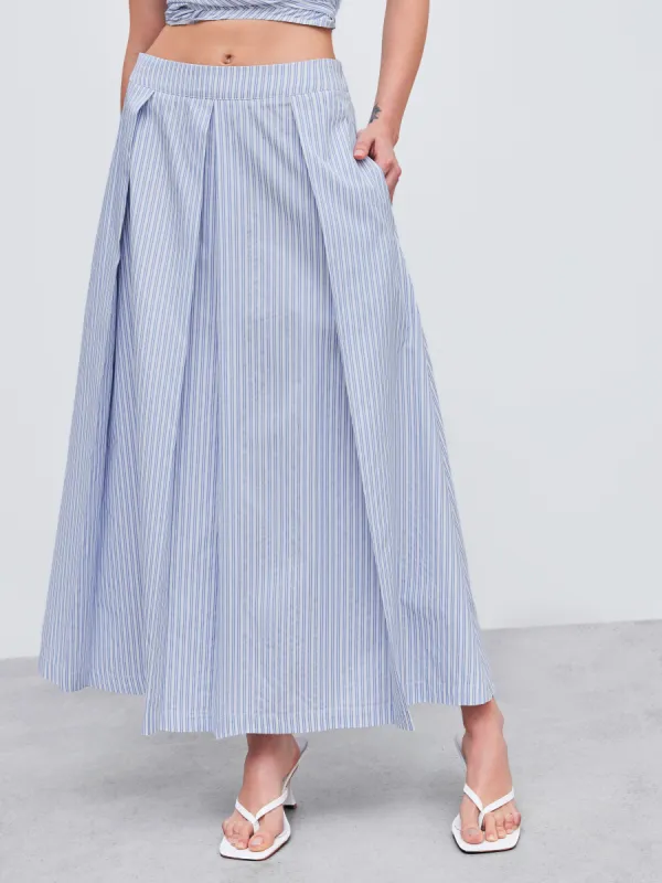 Woven Mid Rise Striped Pleated Maxi Skirt sold by Cider