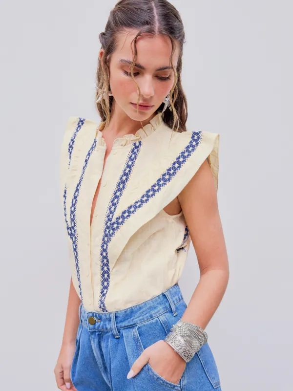 100% Cotton Stand Collar Crochet Contrasting Binding Short Sleeve Blouse sold by Cider