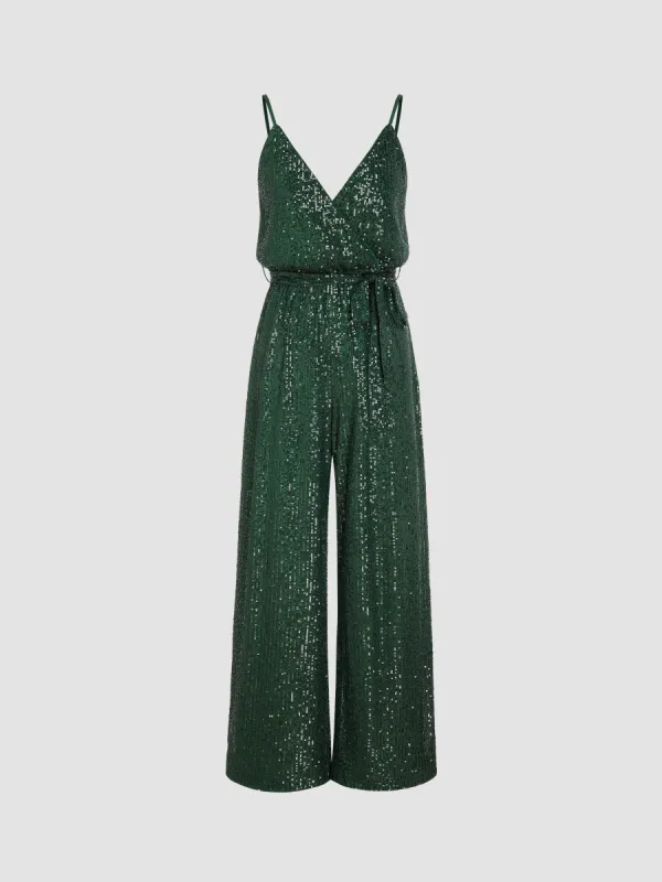 Sequin V-neck Solid Belted Wide Leg Jumpsuit sold by Cider