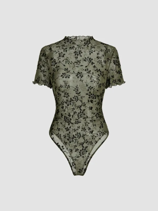 Mesh High Neck Floral See-through Bodysuit sold by Cider